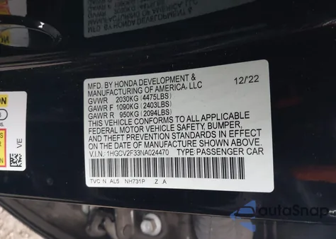 2022 Honda Accord Sport 2.0T из США, поврежденный, VIN 1HGCV2F33NA024470